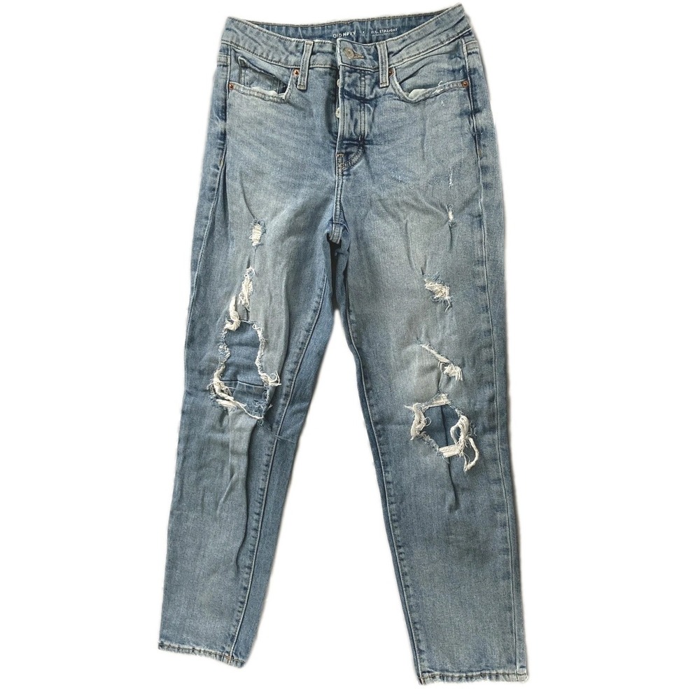 Old Navy O.G. Straight Jeans Women 2 Light Wash Distressed High Rise Stretch